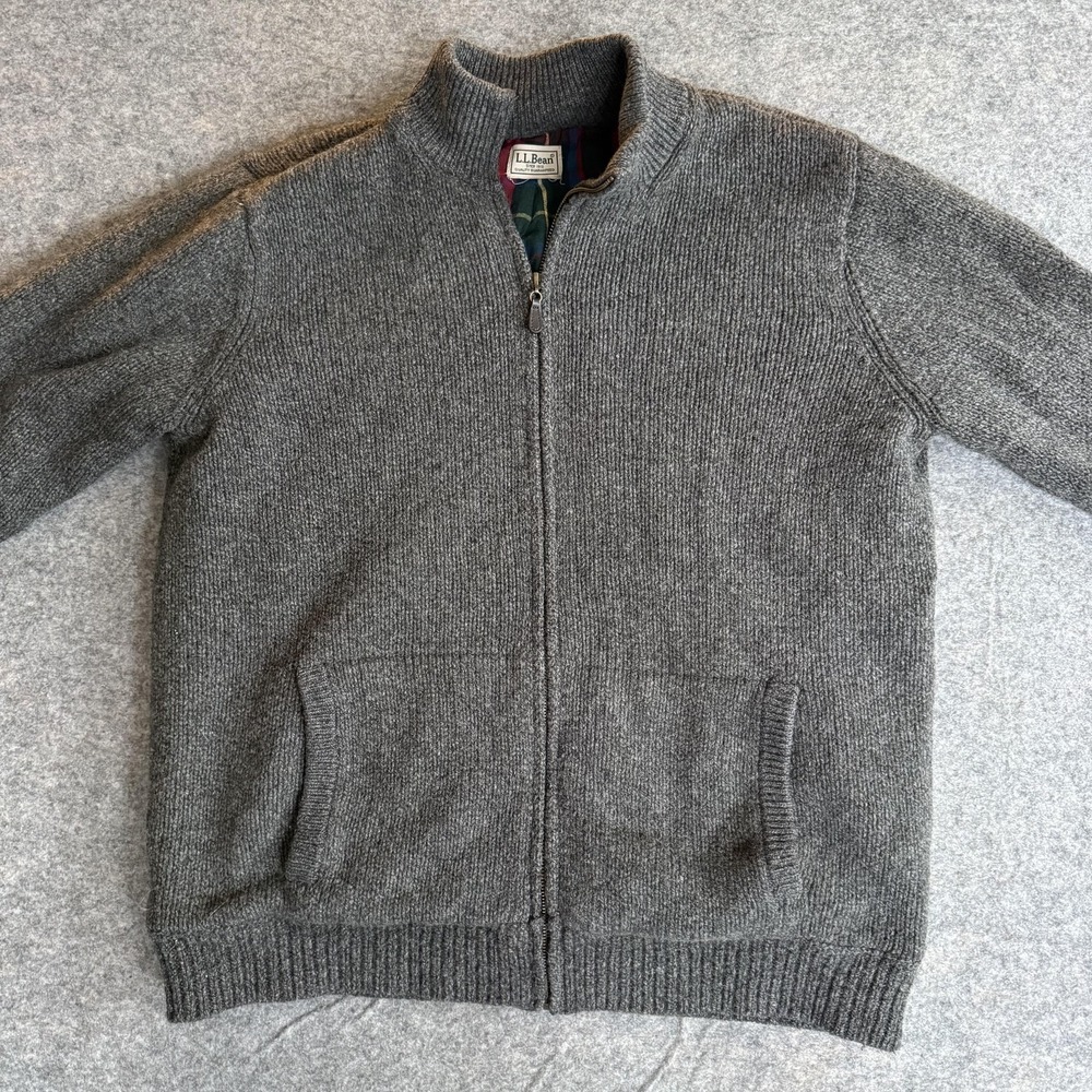 L.L.Bean Sweater Mens Large Gray Lambswool Full Zip Mock Neck Lined Pockets READ